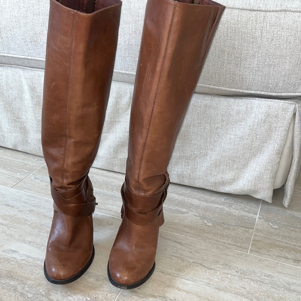 Nine West Cognac Brown Leather Knee Boots with Ankle Strap